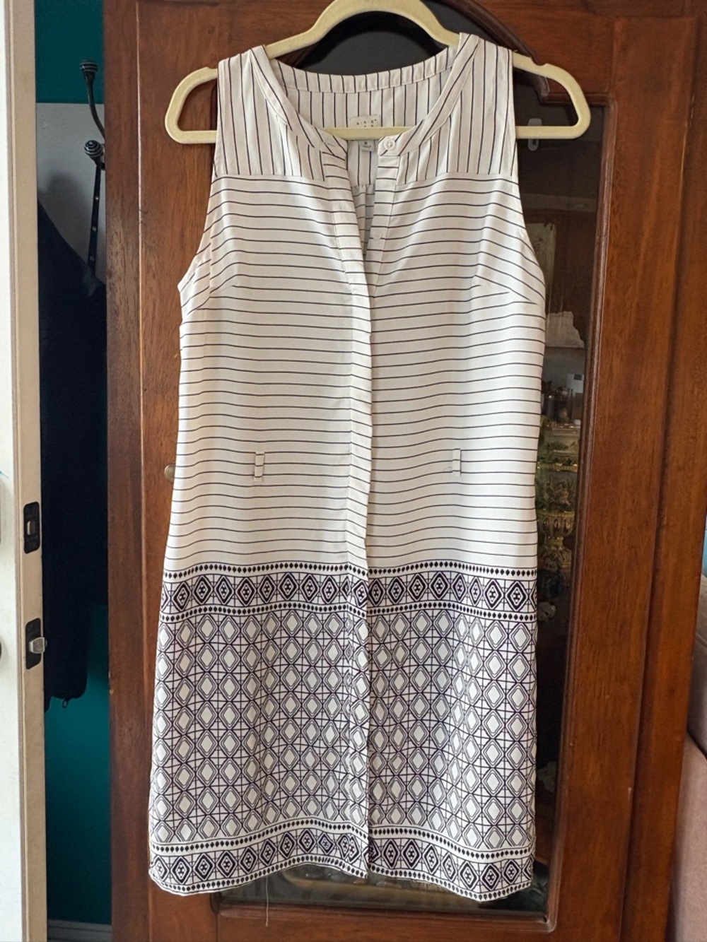 Sleeveless White & Black Striped Border Print Dress